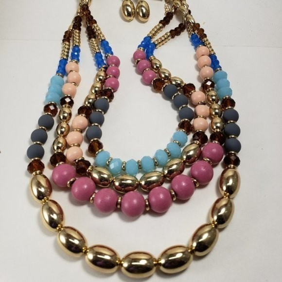 Multicolor Layered Beaded Necklace & Gold Drop Earrings – Statement Fashion Set - Picture 9 of 14
